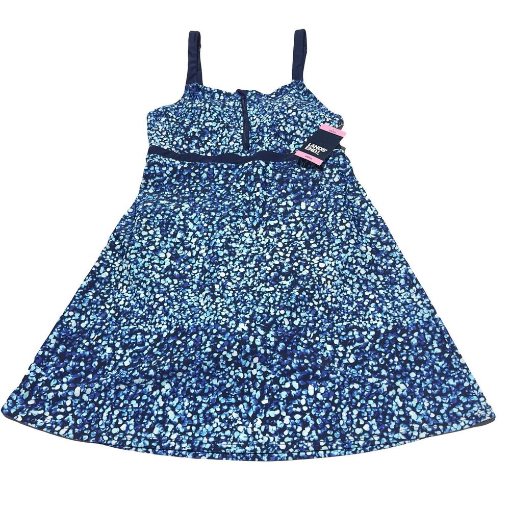 Lands End Swim Dress Womens S Blue Mosaic Zip Front Resort Modest Vacation NWT